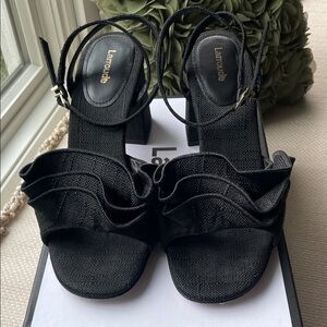 Larroude Black Ruffle Block Heel Sandals